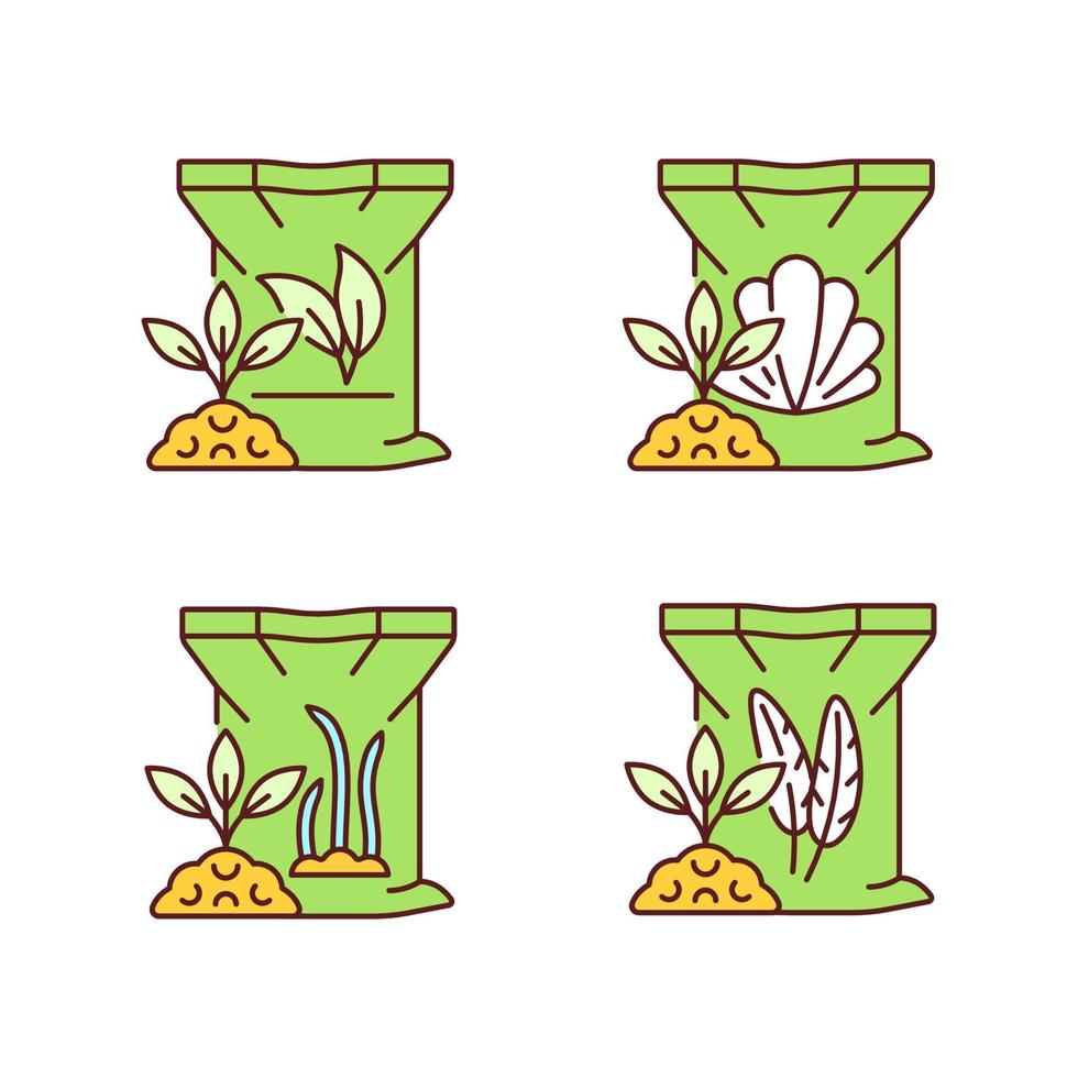 Ensemble d'icônes de couleur rvb de repas de plantes naturelles. coquillage, poudre de plumes. sous-produit utilisé comme additif. booster de croissance des plantes. illustrations vectorielles isolées. collection de dessins au trait remplis simples. trait modifiable vecteur