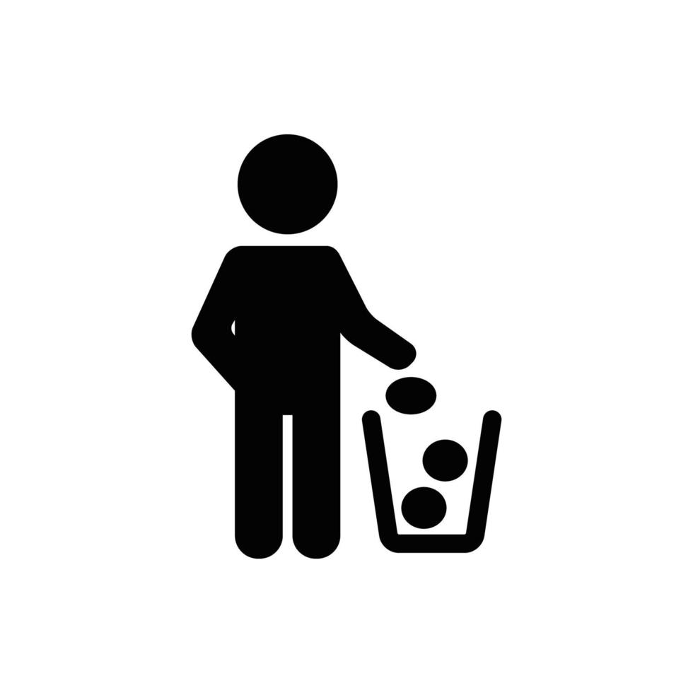 diverses icônes, gardez l'icône propre. ne pas jeter de signe. silhouette d'un homme, jetant des ordures dans une poubelle, isolé sur fond blanc. aucun symbole de détritus dans le carré. icône d'information publique vecteur
