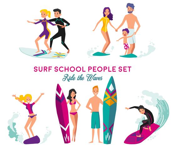 Ensemble d&#39;éléments décoratifs d&#39;école de surf vecteur