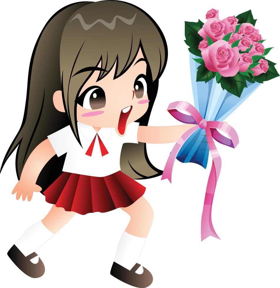 fille donnant des fleurs dessin animé vecteur clipart mignon kawaii