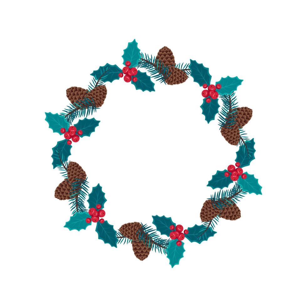 couronne de noël ronde de branches d'épinette bleue avec des cônes, des feuilles et des baies de houx. décoration festive pour le nouvel an et décoration intérieure vecteur