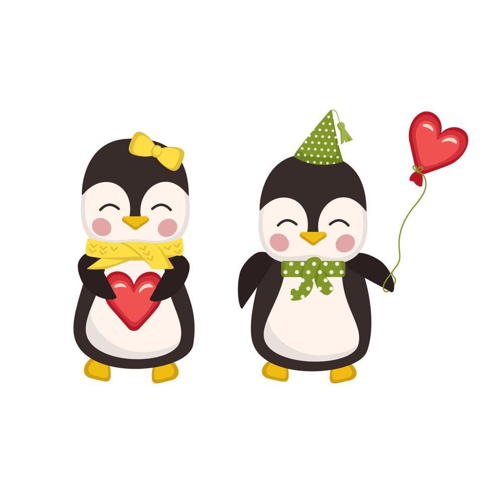 pingouins mignons amoureux dans un style enfantin avec coeur rouge et ballon. animaux drôles festifs, décoration de la Saint-Valentin. illustration de plat de vecteur