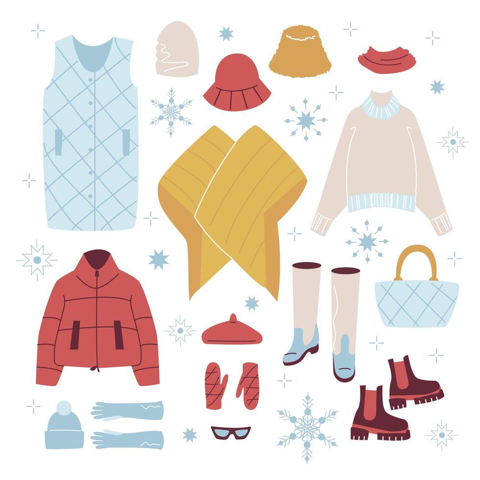 mettre des vêtements d'hiver à la mode. doudoune, bonnet, mitaine, lunettes, botte, veste, kimono, chelsea, sac, béret, gant. vêtements modernes pour le printemps et l'automne ou l'hiver. illustration vectorielle dans un style plat vecteur