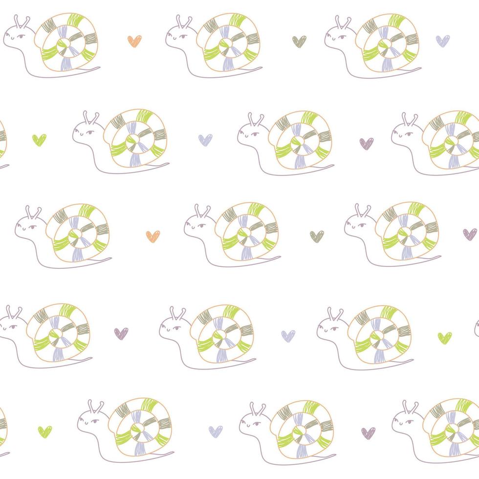 mignon doodle bébé escargots multicolores blanc sans couture motif minimaliste coeurs dessinés à la main. texture estivale, textiles, papier peint pour enfants. vecteur