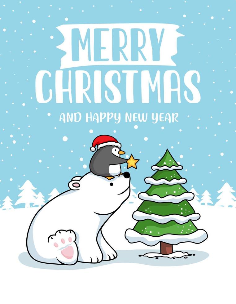 carte de joyeux noël ours polaire et pingouin vecteur