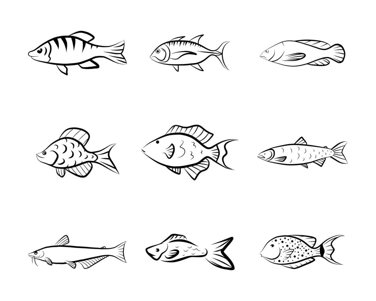 jeu d'icônes de poisson doodle vecteur