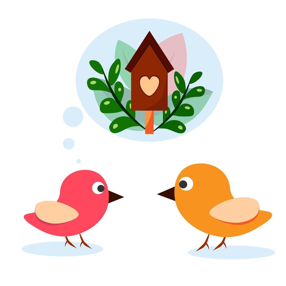 deux oiseaux coloré illustration nid maison d'oiseau vert arbre branche fleurs famille amour valentine carte printemps saison vecteur