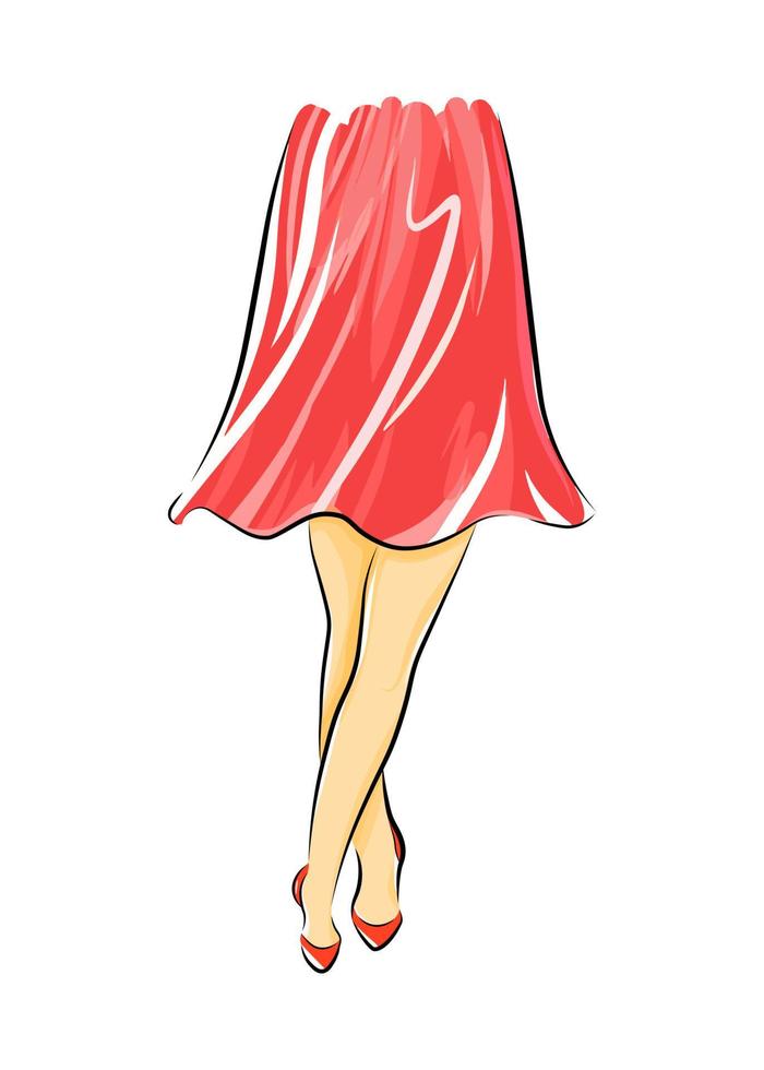 dessin animé de jupe femme. illustration colorée de vecteur isolé sur blanc. modèle d'affiche de beauté. impression de fille glamour de la mode. concept de féminité des femmes. jambes féminines avec des chaussures. robe rouge élégante