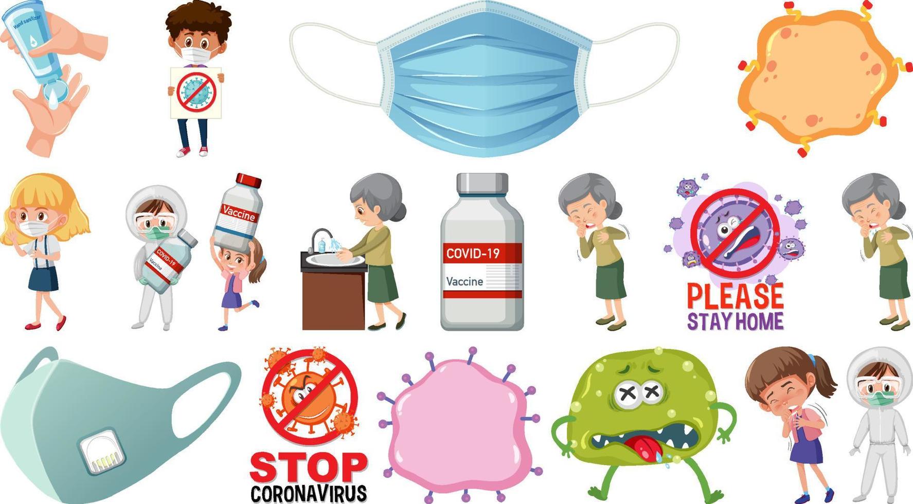 personnage de dessin animé et objets isolés de vaccination contre le coronavirus vecteur
