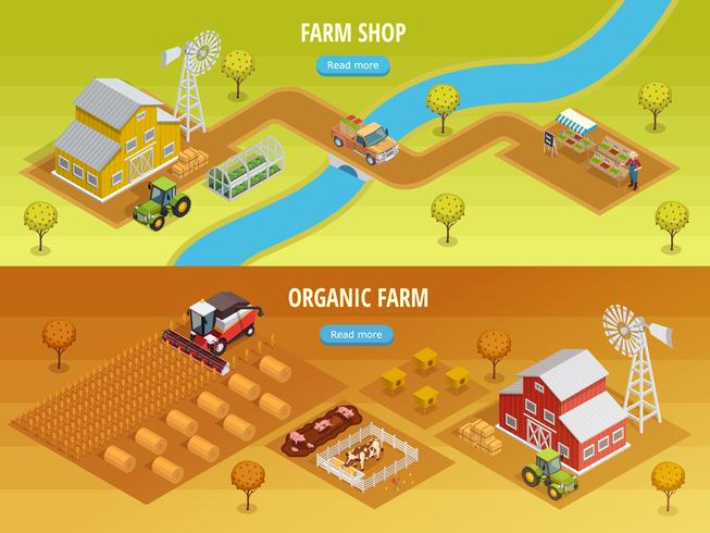 Bannières horizontales isométriques de ferme vecteur