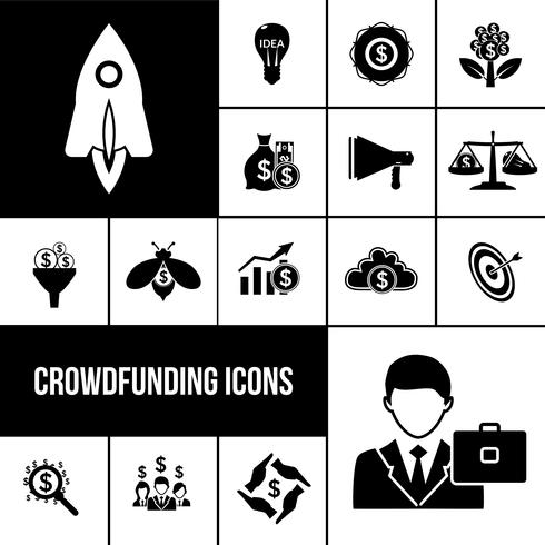 Ensemble d&#39;icônes de crowdfunding noir vecteur