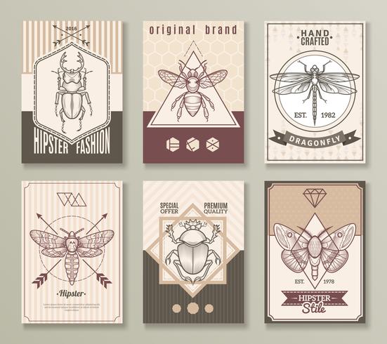 Set de cartes insectes hipster vecteur