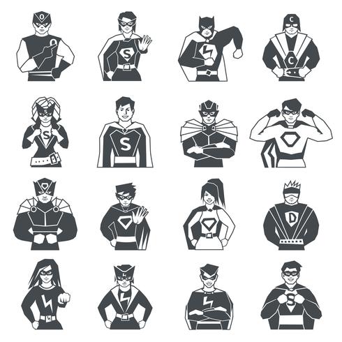 Super-héros noir blanc Icons Set vecteur