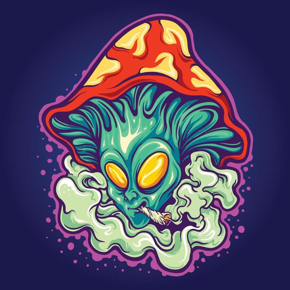 Alien tête champignon mauvaises herbes fumer illustrations vectorielles vecteur