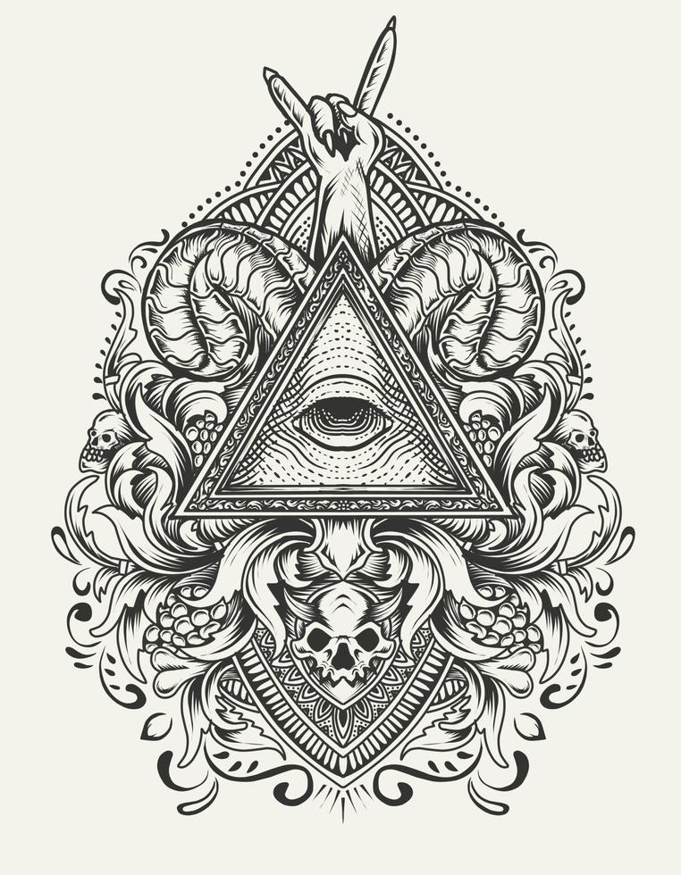 illustration vectorielle yeux illuminati avec ornement de gravure antique vecteur