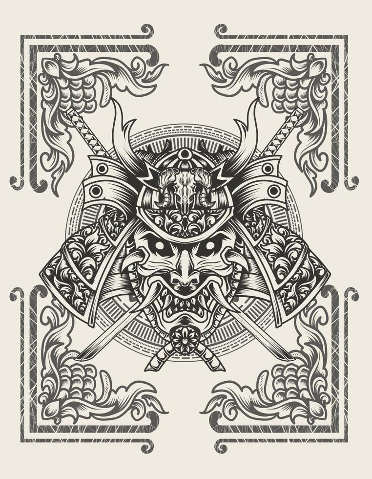 illustration vectorielle ornement de gravure de tête de samouraï vecteur