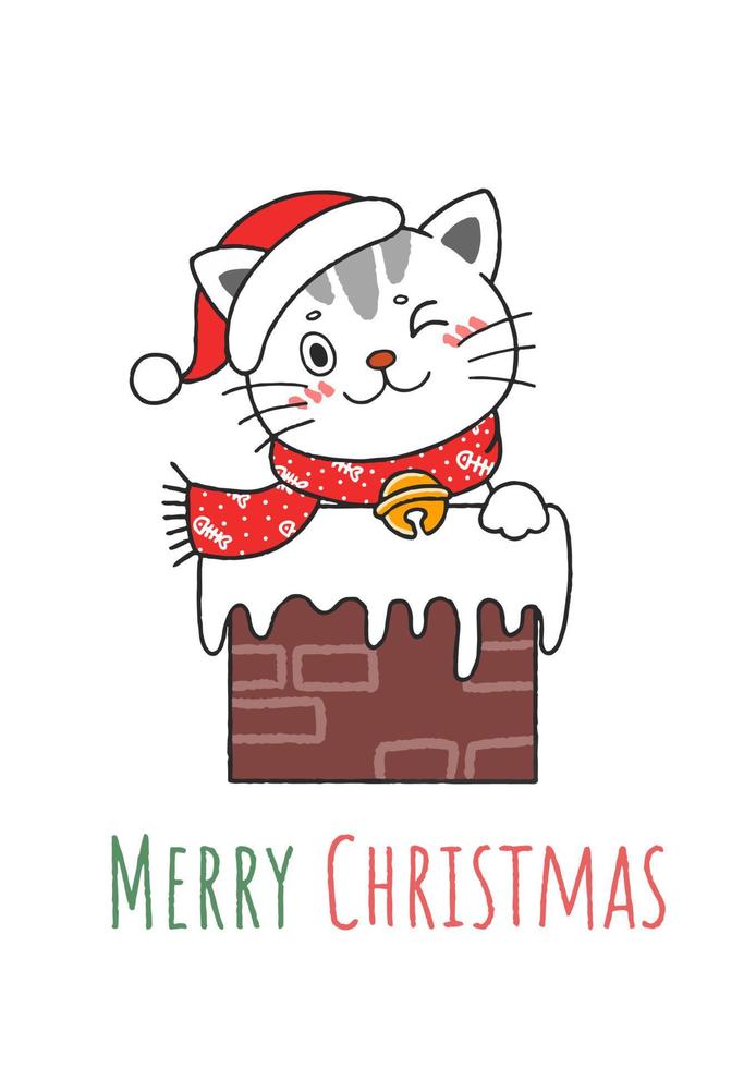 chat mignon de noël dessiné à la main dans la cheminée vecteur