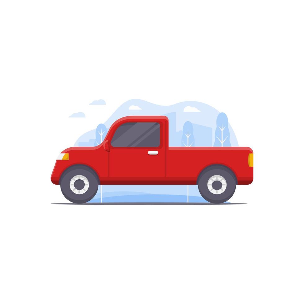 illustration vectorielle de camionnette conçue en rouge et décorée d'éléments d'illustration de paysage urbain comme arrière-plan dans le thème d'illustration de voiture de transport vecteur