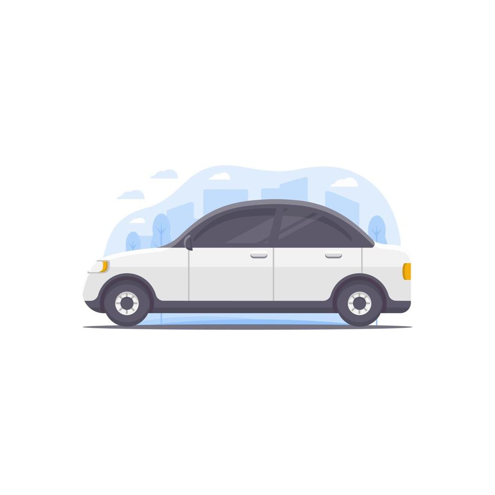 illustration vectorielle d'une voiture conçue en blanc et décorée d'éléments d'illustration de paysage urbain comme arrière-plan du thème d'illustration de véhicule automobile vecteur