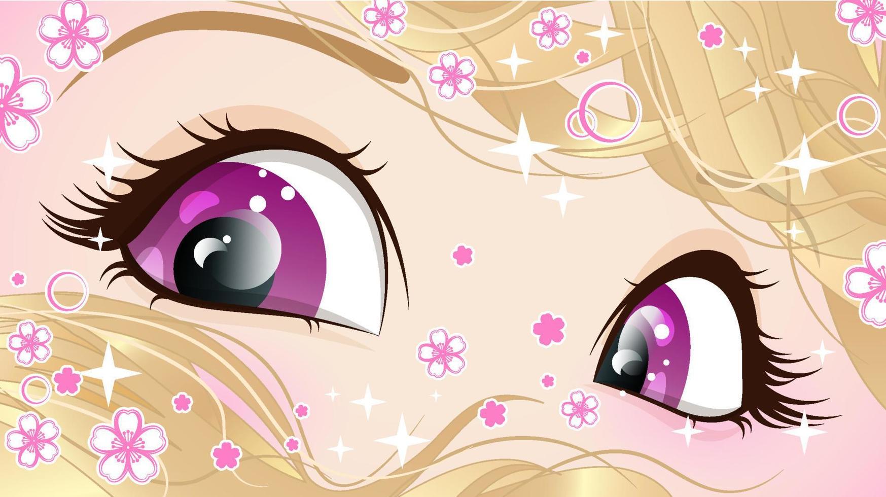 yeux roses d'une fille aux cheveux blonds avec des paillettes et des fleurs dans un style anime. vecteur