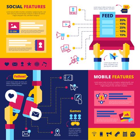 Caractéristiques de réseaux sociaux Composition de bannières plates vecteur