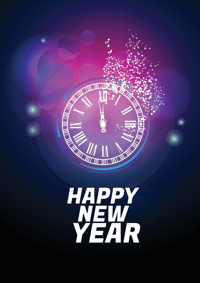 Carte de voeux violet brillant joyeux bonne année 2022 avec horloge. fond de vecteur. vecteur