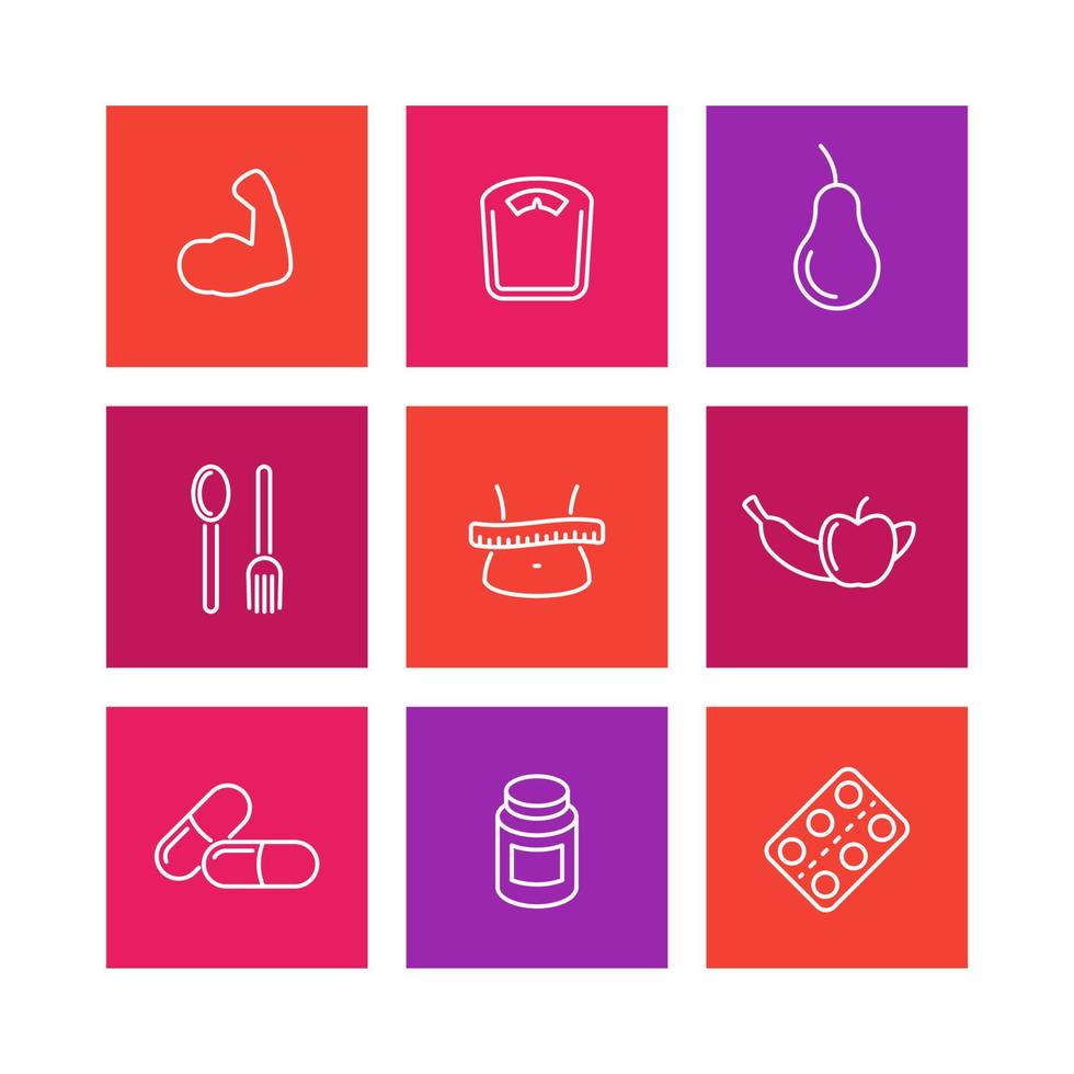 icônes de régime, nutrition sportive, perte de graisse, icônes d'aliments sains sur blanc, illustration vectorielle vecteur