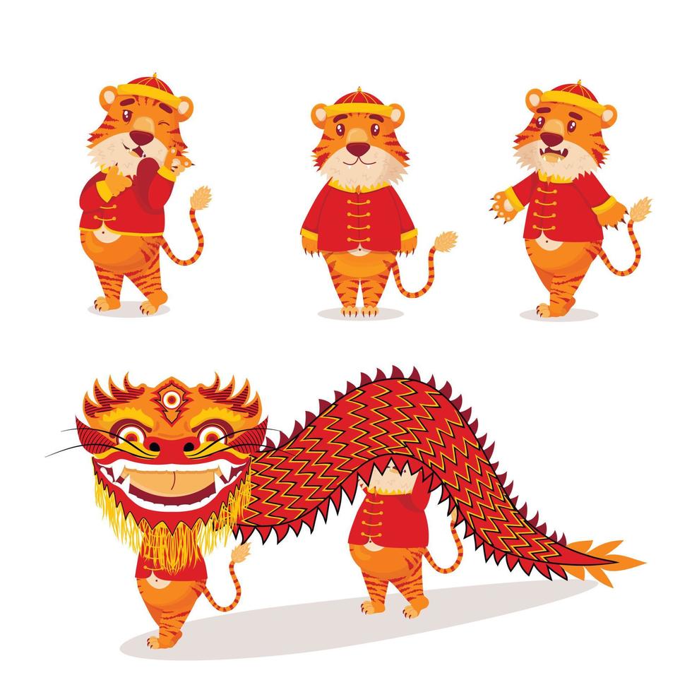 ensemble de tigres chinois rouges en costumes du nouvel an avec des lanternes et des dragons en style cartoon. symbole 2022 vecteur