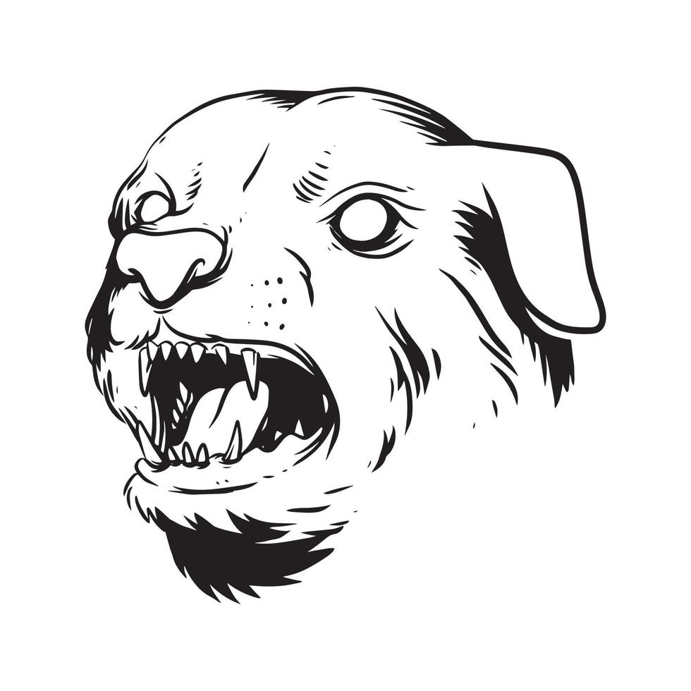 un visage de chien menaçant. une illustration dessinée à la main d'une tête d'animal sauvage. dessin au trait pour emblème, affiche, autocollant, tatouage, etc. vecteur