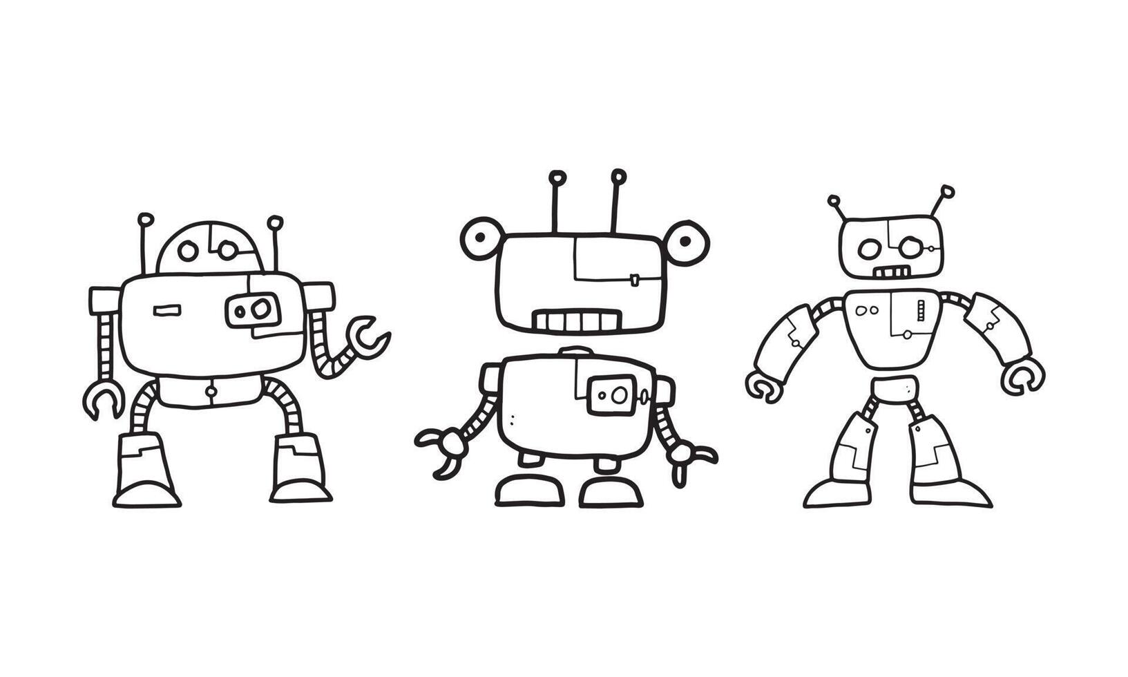 une illustration vectorielle du robot. croquis de robot sur fond blanc avec différents types. un ensemble de robots doodle incolores. vecteur