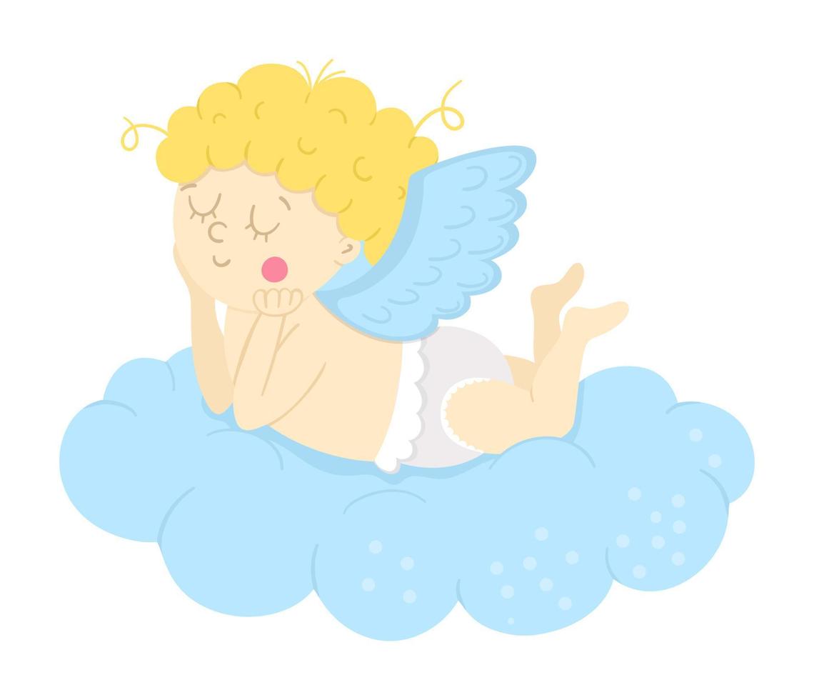 vecteur cupidon allongé sur un nuage et rêvant. personnage drôle de saint valentin. ange d'amour heureux aux ailes déployées. icône de chérubin ludique isolé sur fond blanc.