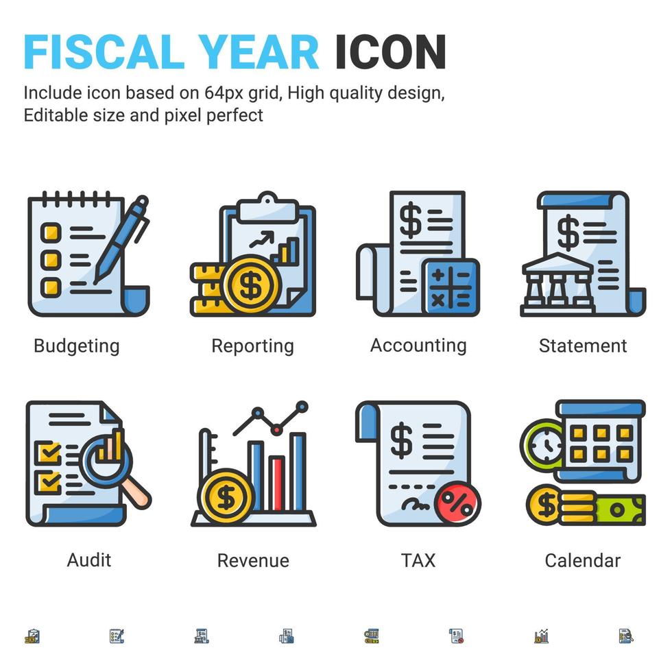 icône de l'année fiscale sertie de style de couleur de contour isolé sur fond blanc. rapport d'icône vectorielle, impôt, déclaration, concept de symbole de signe de revenu pour la société de financement d'entreprise et l'entreprise. trait modifiable vecteur