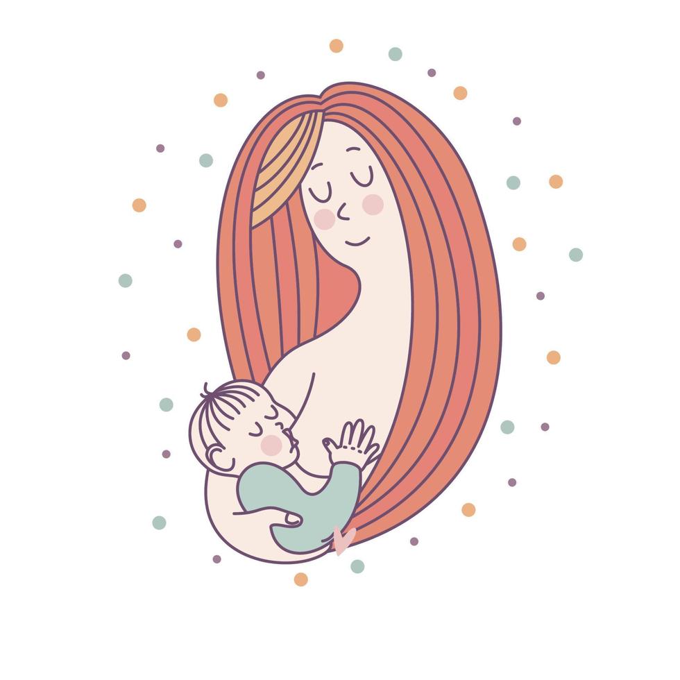 illustration vectorielle pour la semaine internationale de l'allaitement. le bébé tète le sein de sa mère. illustration linéaire. vecteur