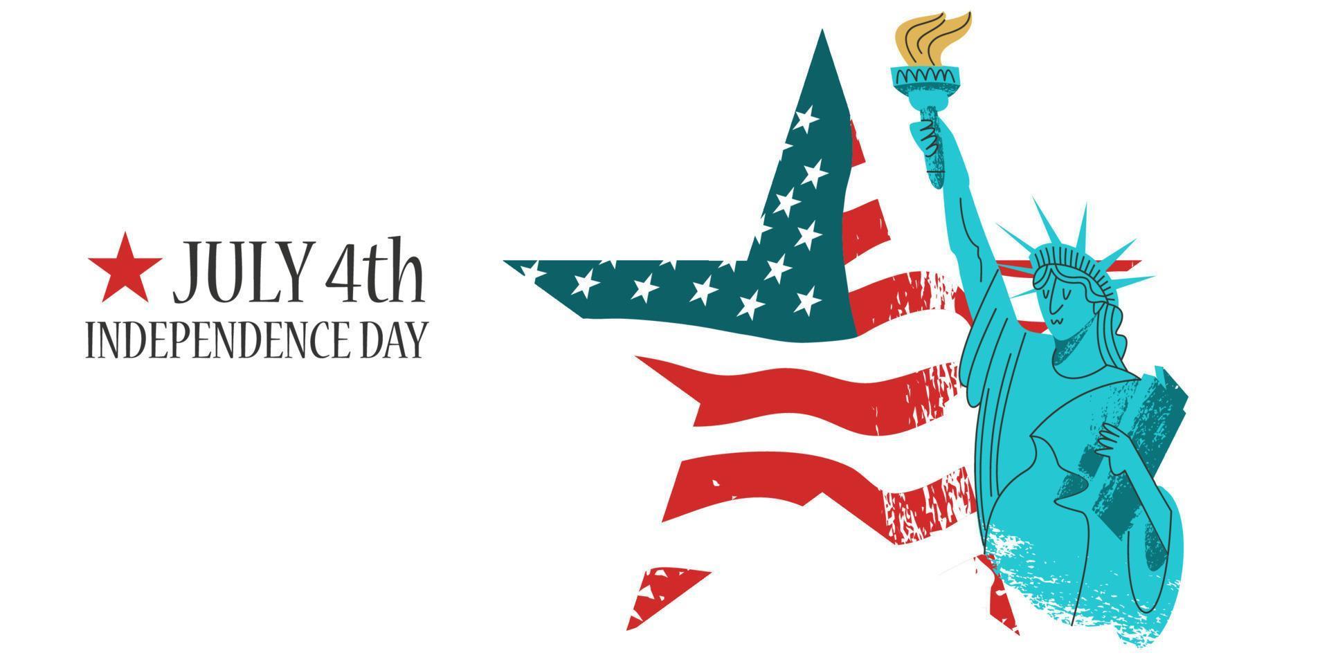 4 juillet fête de l'indépendance. affiche vectorielle, carte de voeux. statue de la liberté avec une torche à la main sur fond de drapeau américain en forme d'étoile. vecteur