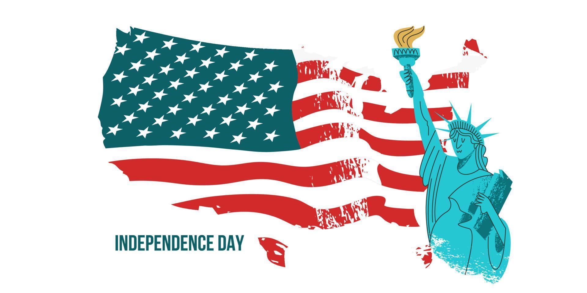 4 juillet fête de l'indépendance. affiche vectorielle, carte de voeux. statue de la liberté avec une torche à la main sur fond de drapeau américain. vecteur