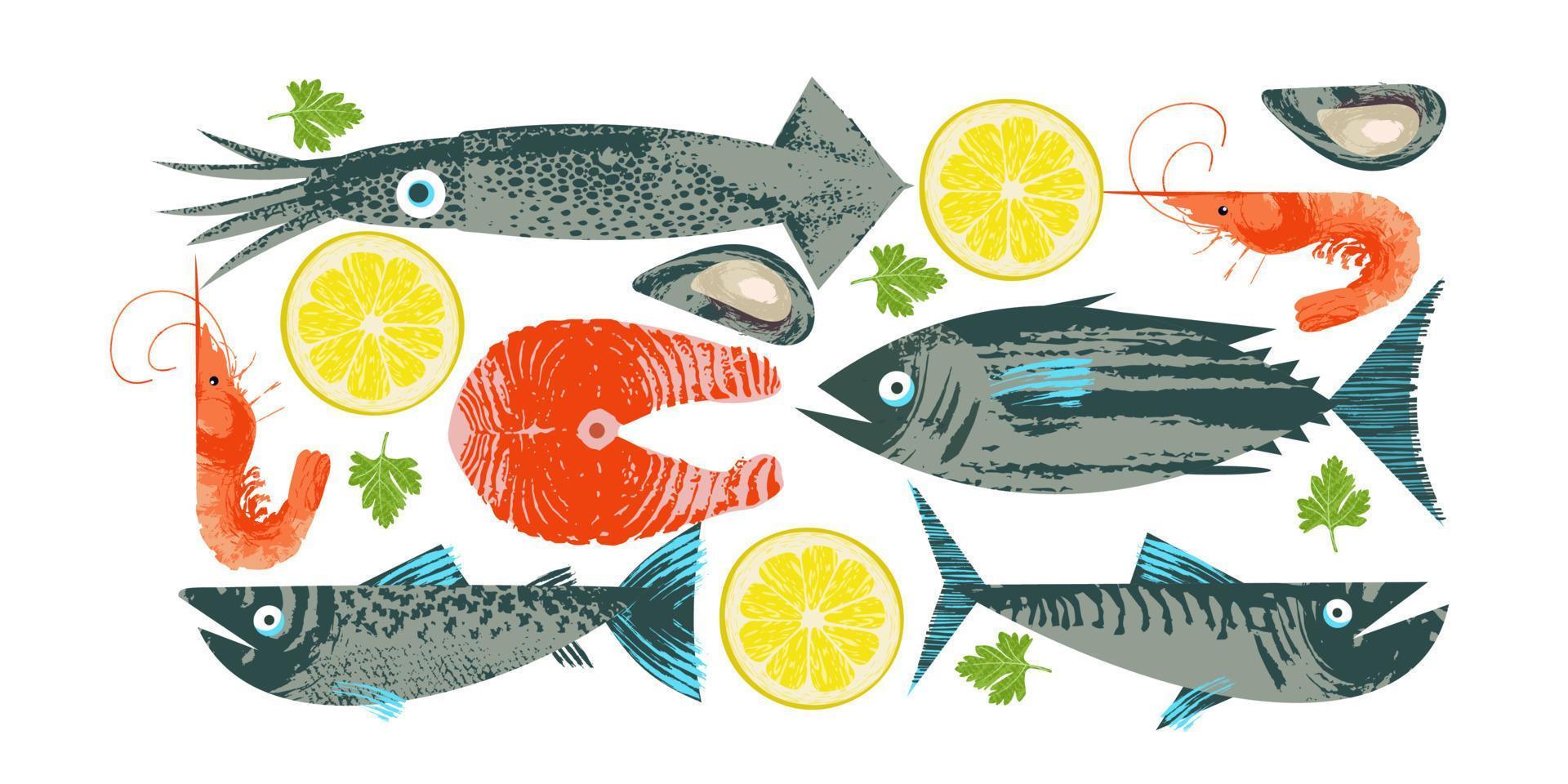 Fruit de mer. poisson. illustration vectorielle colorée, une collection d'images de différents poissons et crevettes avec une texture vectorielle unique dessinée à la main. vecteur