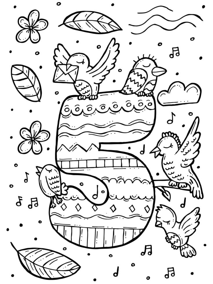 livre de coloriage pour enfants. illustration vectorielle doodle dessinés à la main avec des nombres et des animaux. cinq oiseaux écoutent chanter sur fond de fleurs et de feuilles. vecteur