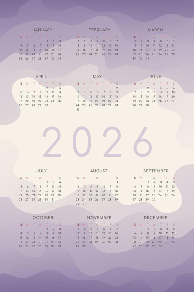 Calendrier 2026 avec des formes d'ondes fluides dégradées lilas vecteur