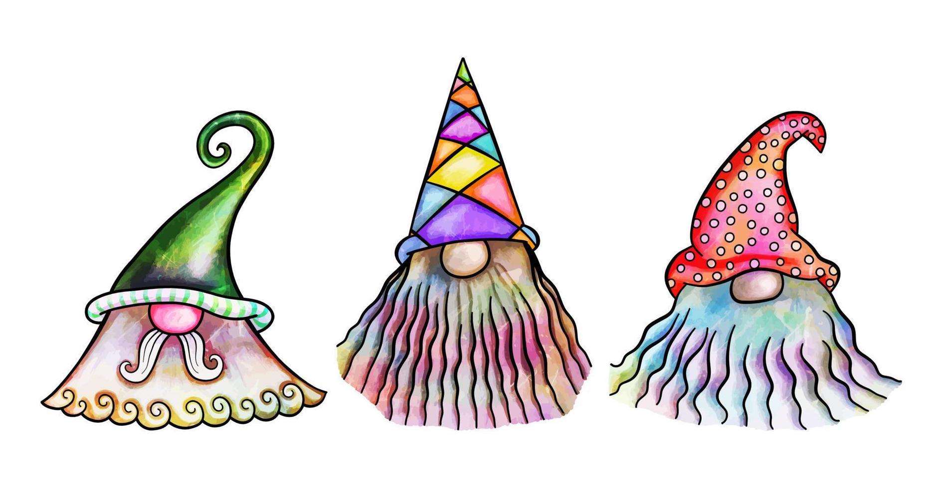 gnomes de jardin aquarelle drôle de grande barbe vecteur