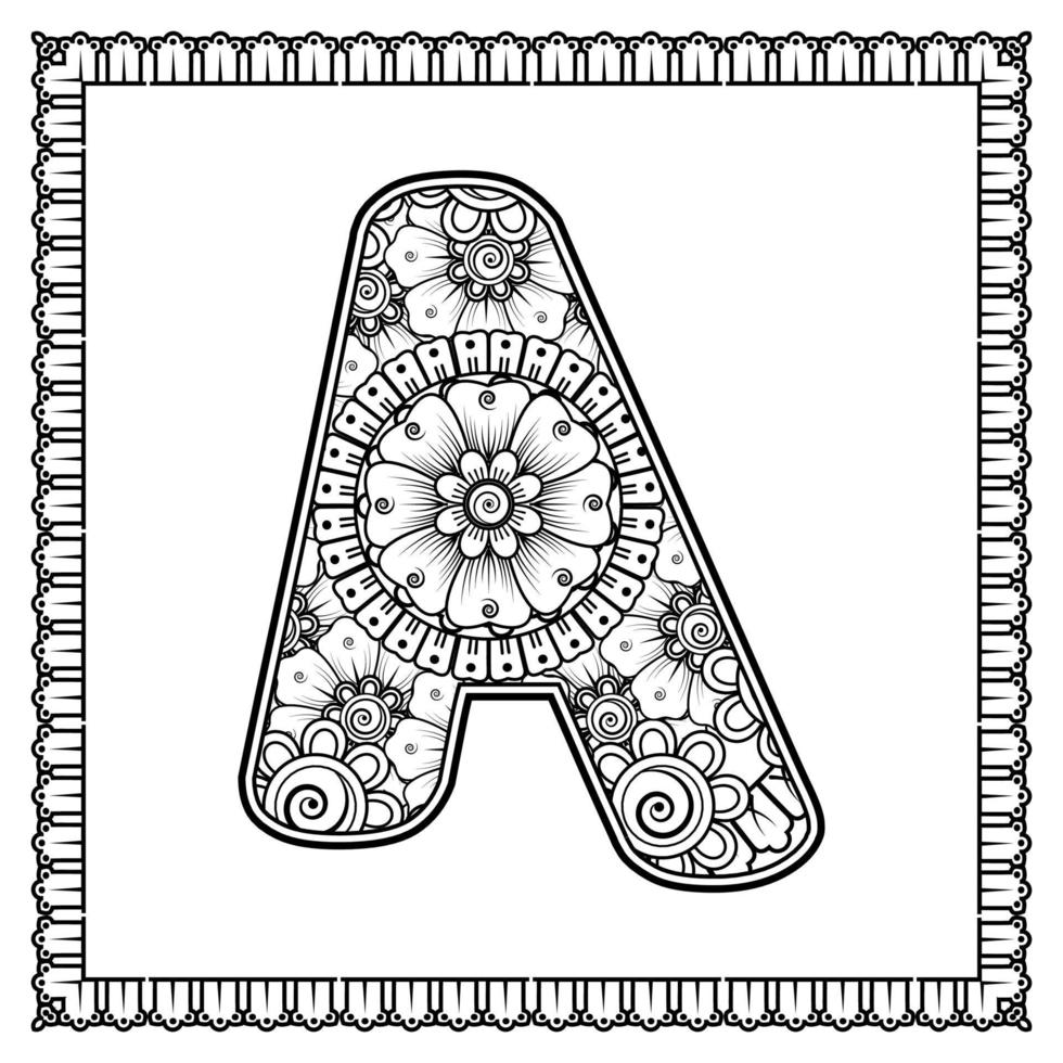 lettre a faite de fleurs dans le style mehndi. page de livre de coloriage. illustration vectorielle de contour à la main. vecteur