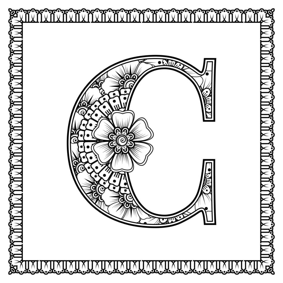 lettre c faite de fleurs dans le style mehndi. page de livre de coloriage. illustration vectorielle de contour à la main. vecteur