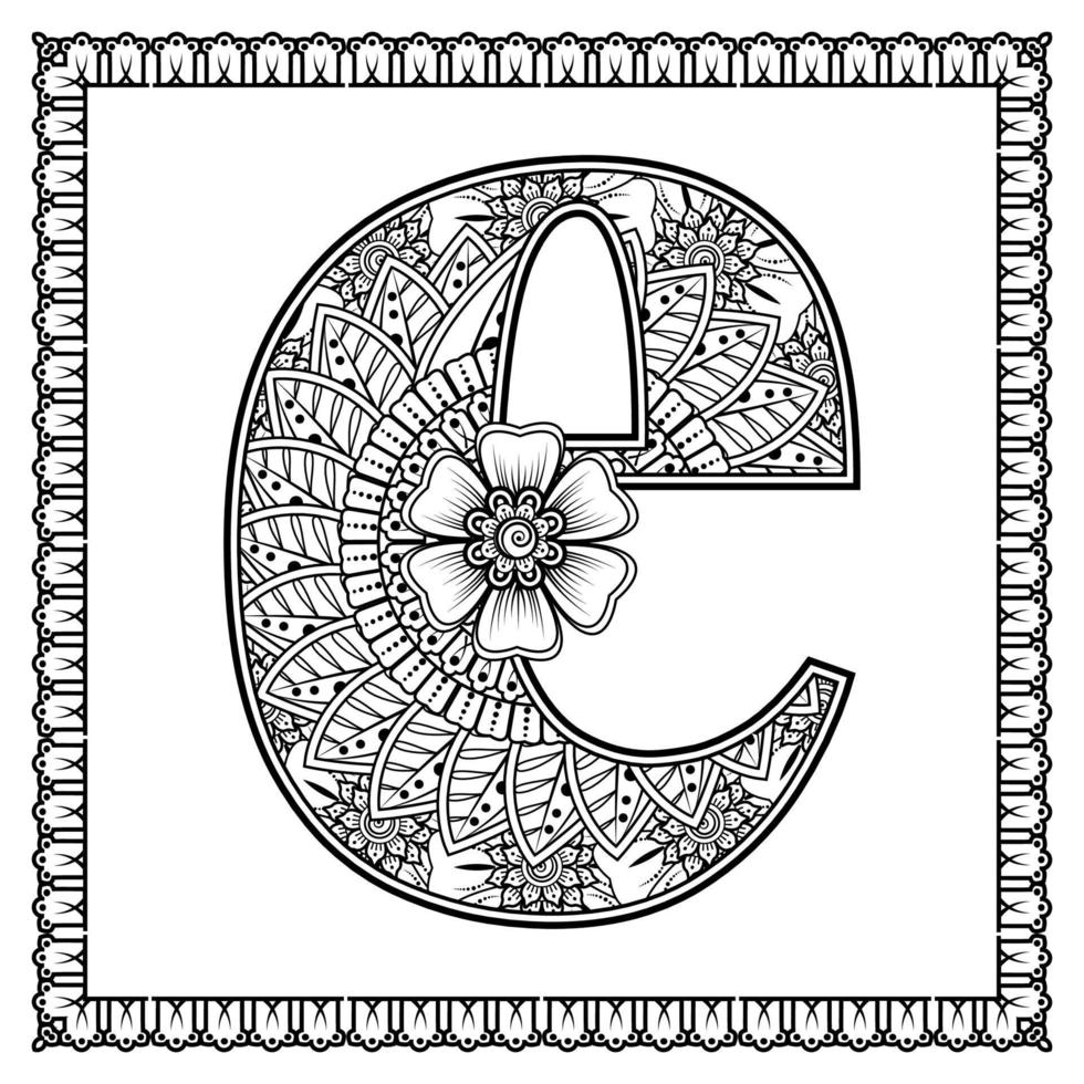 lettre e faite de fleurs dans le style mehndi. page de livre de coloriage. illustration vectorielle de contour à la main. vecteur