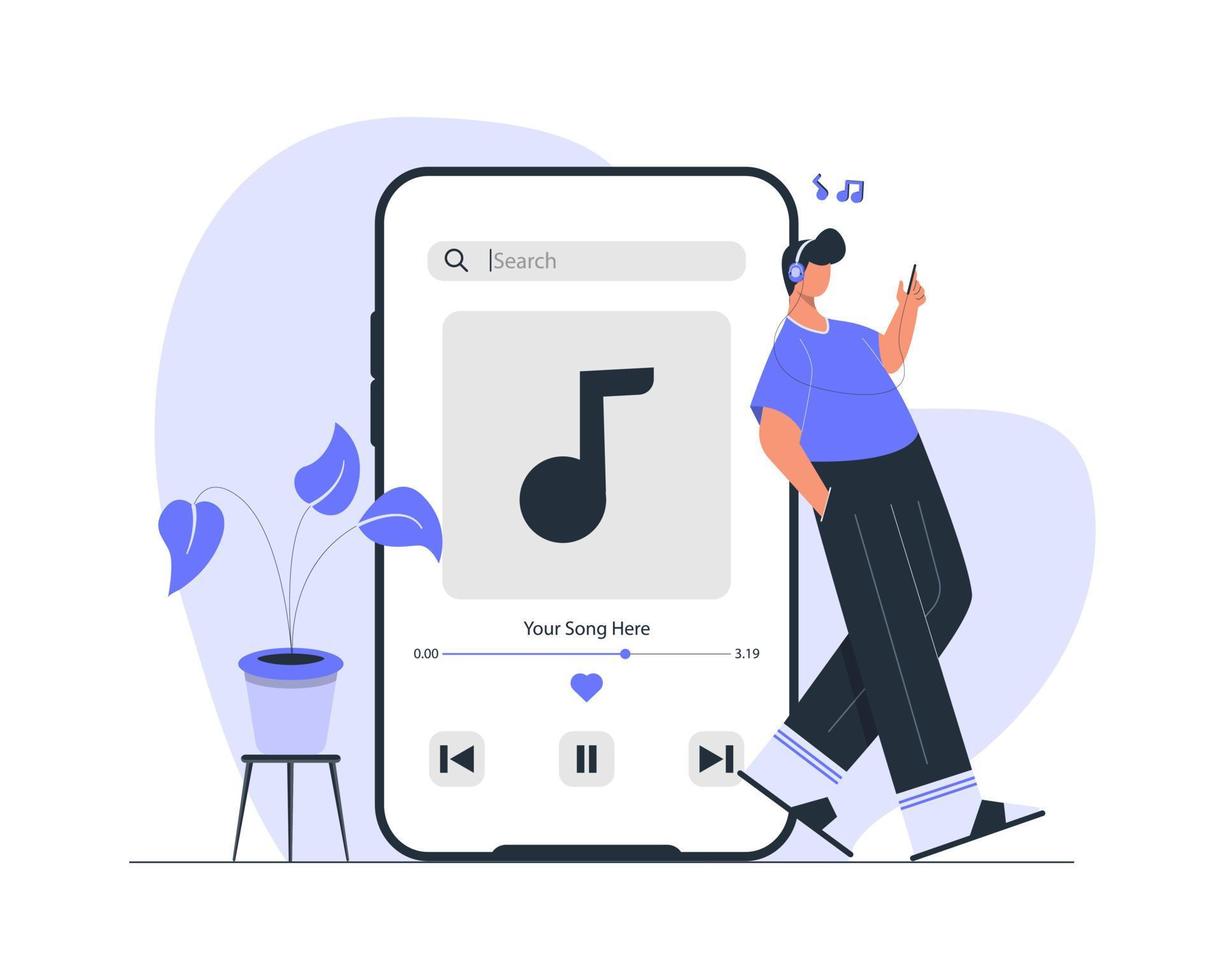 un homme portant un casque et écoutant de la musique au téléphone vecteur