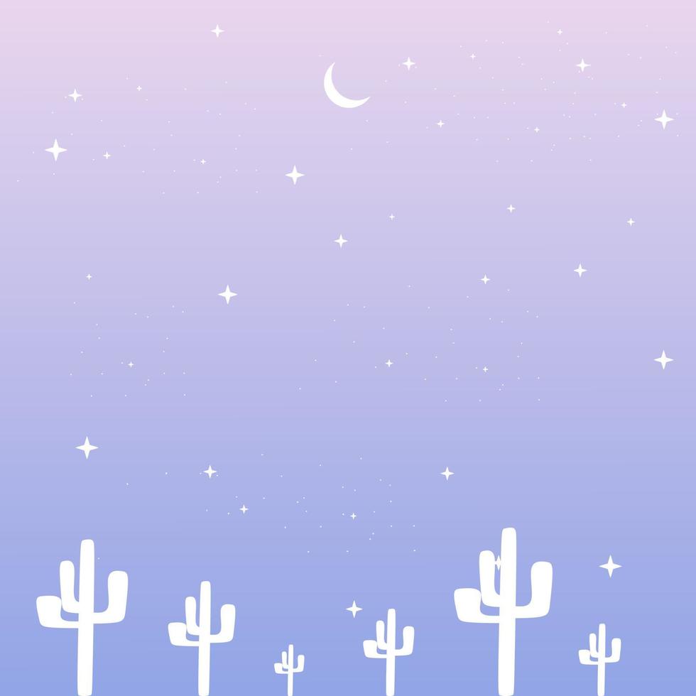 paysage bleu et violet avec des silhouettes de cactus, de lune et d'étoiles dans le ciel. illustration vectorielle de fond pour carte de voeux, affiche, thème de la nature et papier peint. vecteur