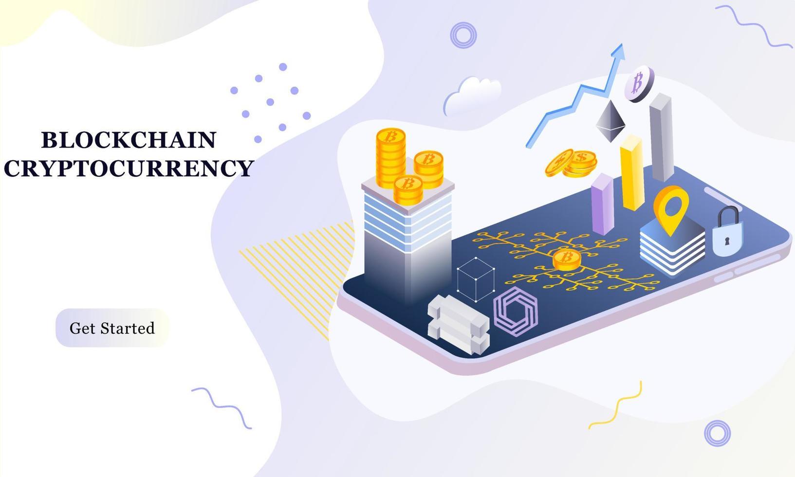 fond isométrique de conception plate moderne de blockchain et de crypto-monnaie pour la bannière et le site Web. modèle de page de destination. transaction en espèces virtuelles, concept de blockchain de crypto-monnaie. illustration vectorielle vecteur