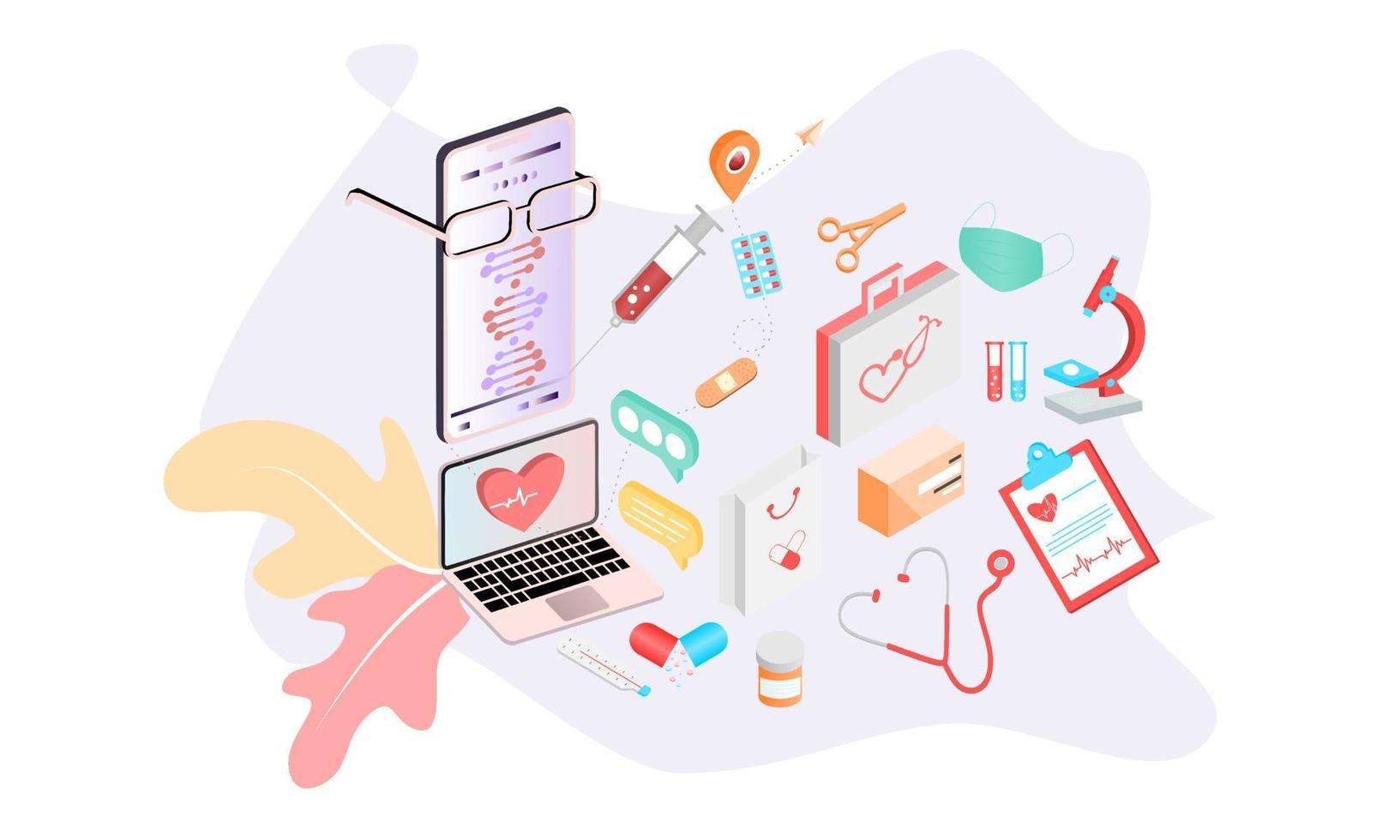 modèle de conception de page de destination isométrique pour la pharmacie en ligne, la médecine en ligne, les services médicaux et l'assurance-maladie. illustration vectorielle isométrique à plat pour les arrière-plans, les infographies, les bannières Web. vecteur