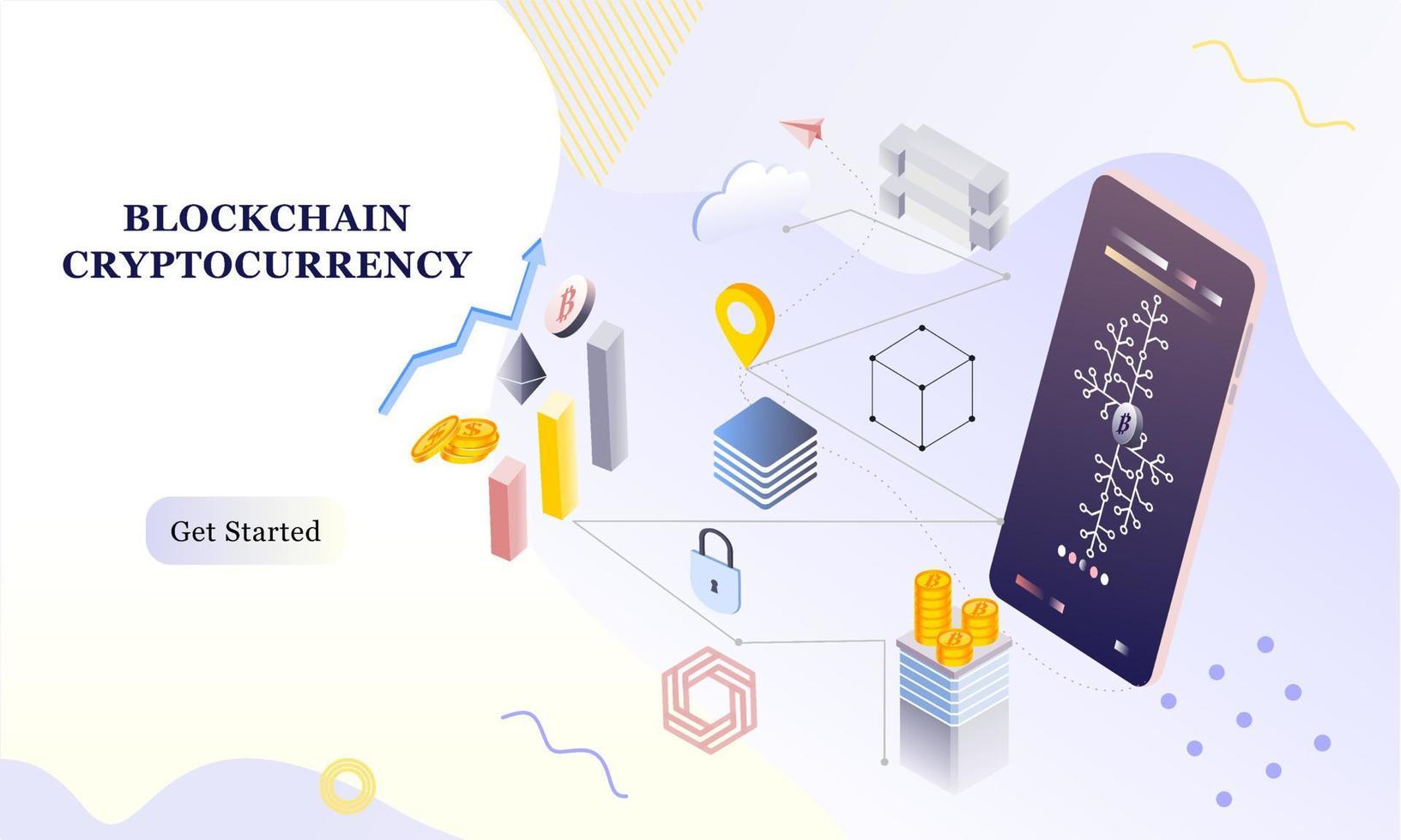 fond isométrique de conception plate moderne de blockchain et de crypto-monnaie pour la bannière et le site Web. modèle de page de destination. transaction en espèces virtuelles, concept de blockchain de crypto-monnaie. illustration vectorielle vecteur