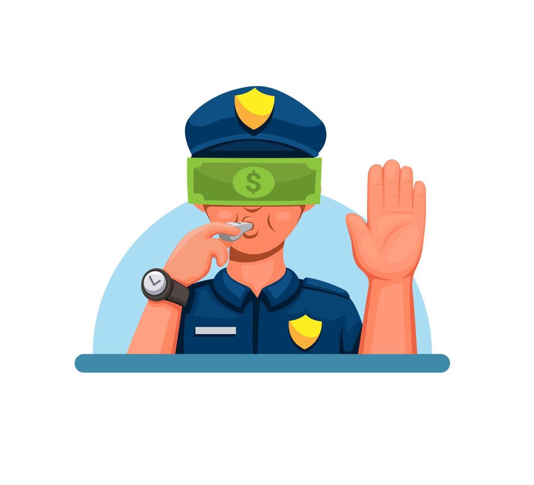 mauvaise police avec de l'argent sur le visage, la corruption, les pots-de-vin et les activités illégales dans le vecteur d'illustration du symbole du service de police