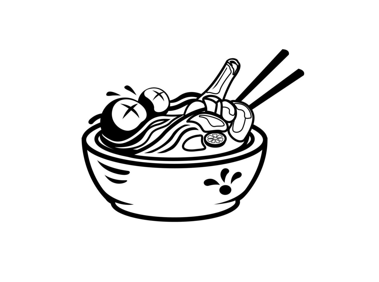 nouilles aux boulettes de viande sur bol indonésien street food logo mascotte illustration sur vecteur de style de contour