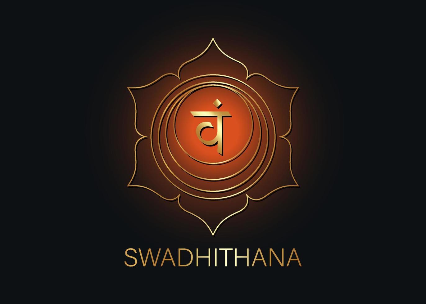 deuxième chakra swadhisthana avec le mantra vam de graine sanskrit hindou. symbole de style design plat orange et or pour la méditation, le yoga. vecteur de modèle de logo isolé sur fond noir